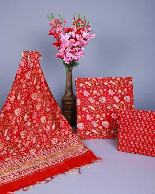 Raina Red Handblock Cotton Unstitched Suit set