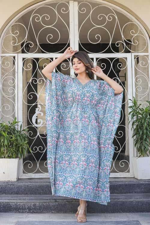 Sky Blue Semi Formal Handblock Kaftan