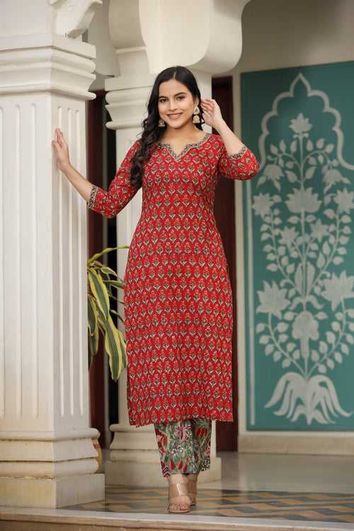 RED CHAKORI STRAIGHT FIT KURTA AND PANT ONLY