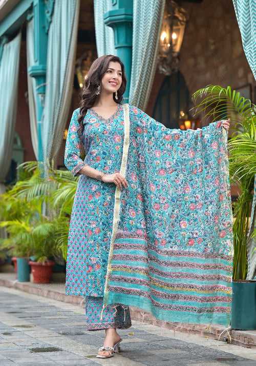 Terra Blue Floral Handblock suit set