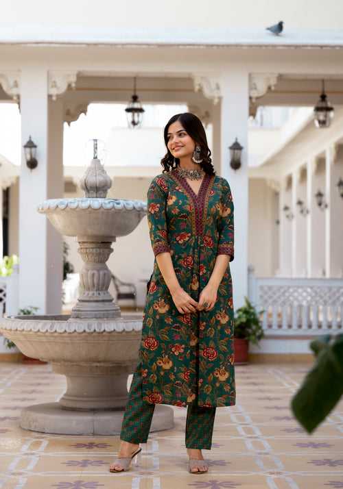 Trishala Green Floral Print Kurta Pant Set