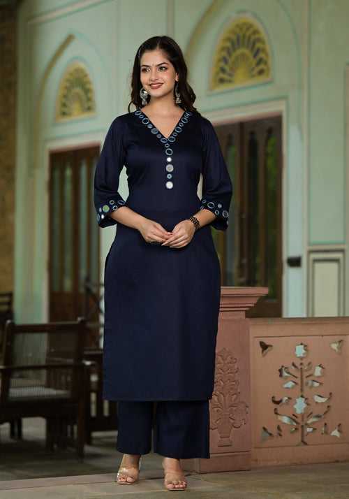 Lavanya Navy Blue Cotton Straight Handwork Kurta Pant Set