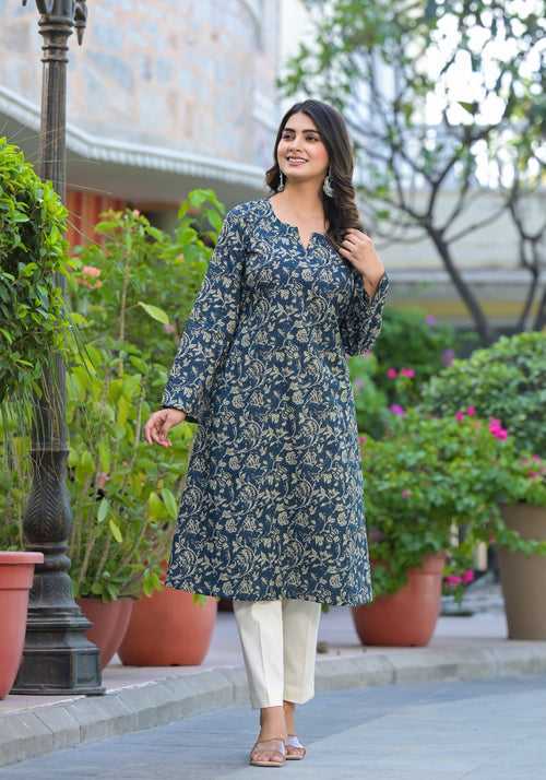 Yashi Leafy Handblock Printed A-Line Kurta