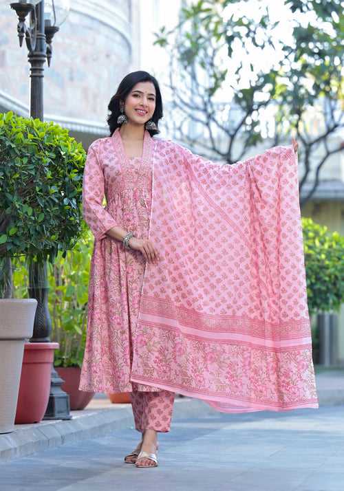 Kiya Pink Alia Cut Floral Cotton Suit Set