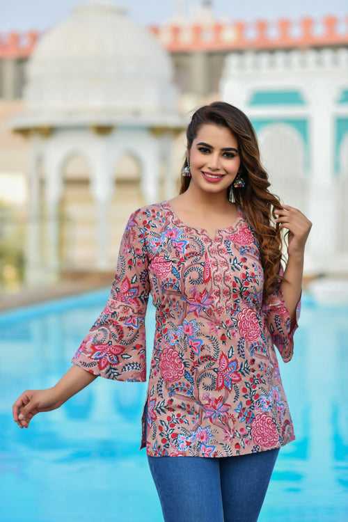 Glazzing Multicolored Handblock Print Short Kurta