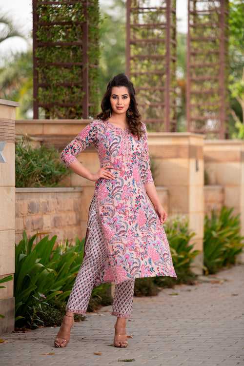 Straight Fit Beige Handblock Print Kurta with Pant Only