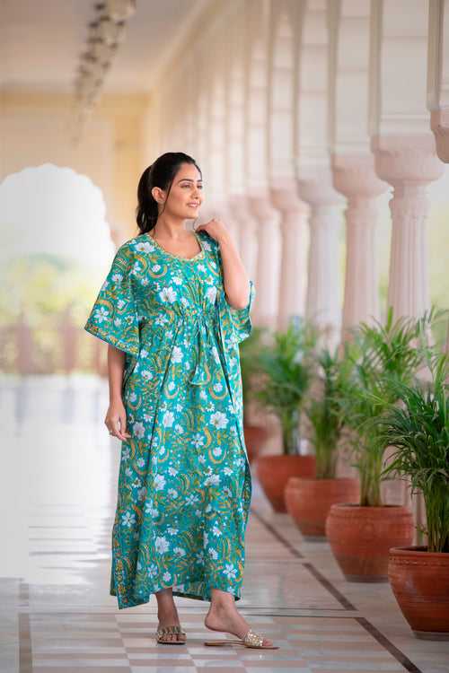 The Soothing Mystical Hued Handblock Printed Cotton Kaftan