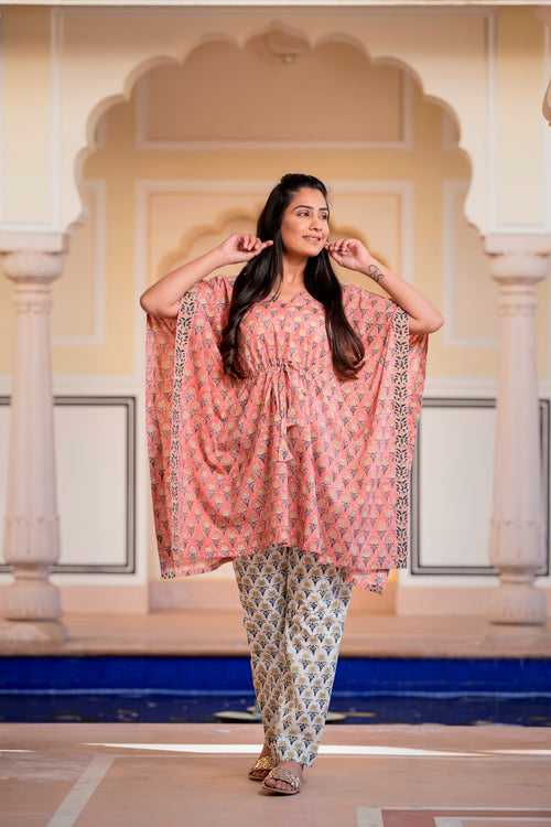 Pretty in Peach Floral Handblock Kaftan Night Suit