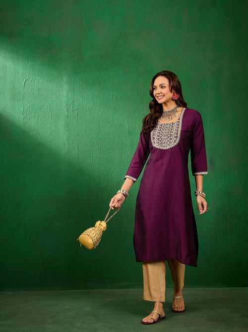 Womens Slub Solid Front Work Wine Designer Kurti