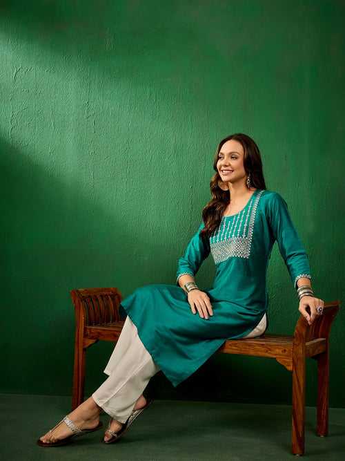 Womens Slub Solid Front Work Peacock Blue Designer Kurti