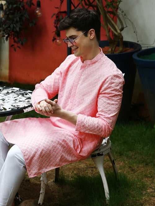 Men's Solid Baby Pink Chikankari Designer Cotton Kurta by Sanwara