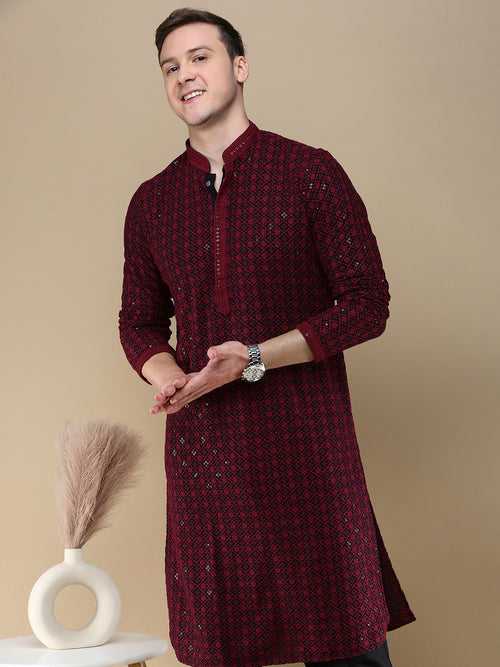 Dapper & Dazzling Men's Solid Maroon Chikankari With Sequins Touch Up Fusion Wear Cotton Kurta By Sanwara