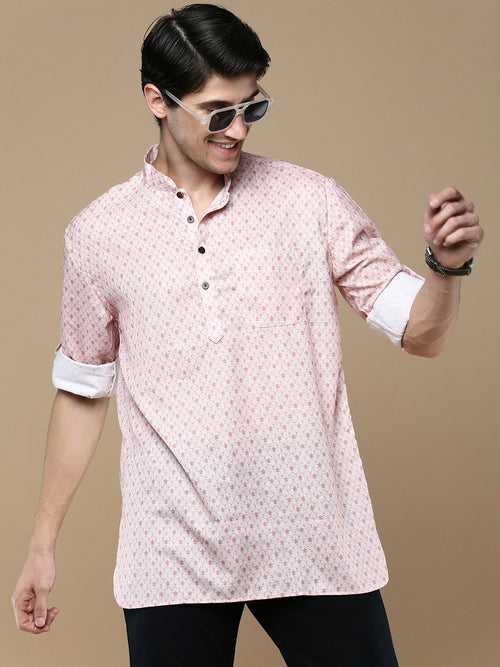 Sanwara Men's Cotton Pink Printed Trendy Stylish Short Kurta