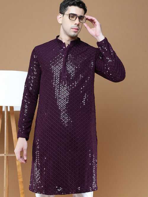 Men's Sequins Purple Chikankari Party Wear Cotton Kurta With Pyjama