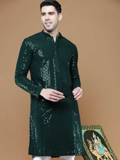 Men's Sequins Deep Green Chikankari Party Wear Cotton Kurta With Pyjama