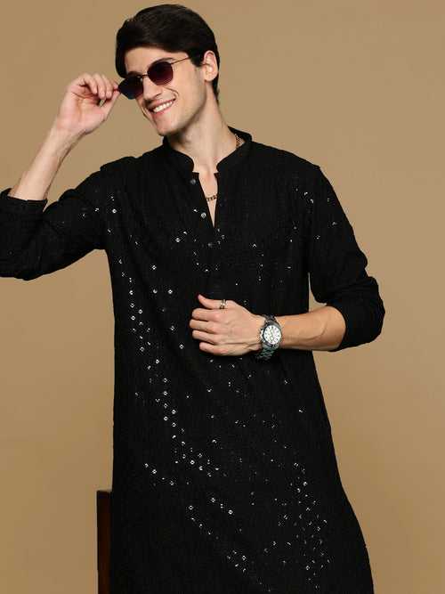 Sanwara Black Shimmering Elegance Men's Chikankari Kurta with Sequins