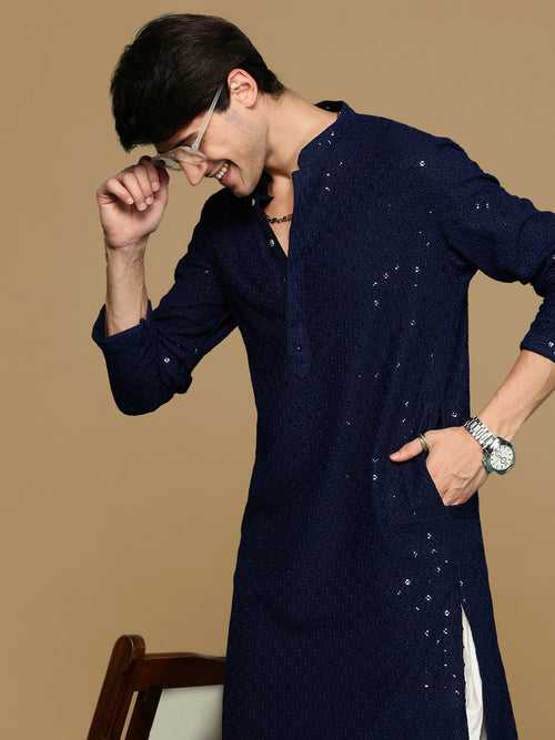 Sanwara Blue Shimmering Elegance Men's Chikankari Kurta with Sequins