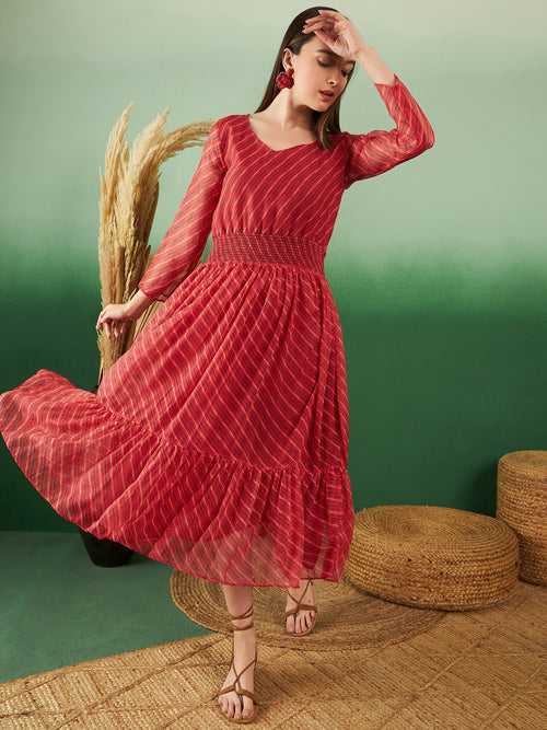 Womens Stripe Print Chiffon Red Trendy Stylish Dress