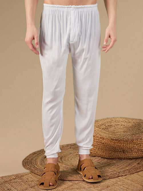 Sanwara Men's Fusion Wear Solid White Rayon Jogger Pant