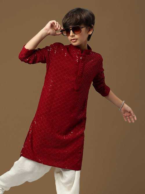 Dapper & Dazzling Boys Solid Maroon Chikankari With Sequins Party Wear Cotton Kurta By Sanwara