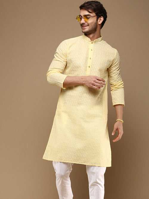 Unleash Your Style With Men's Solid Light Yellow Chikankari Cotton Kurta by Sanwara