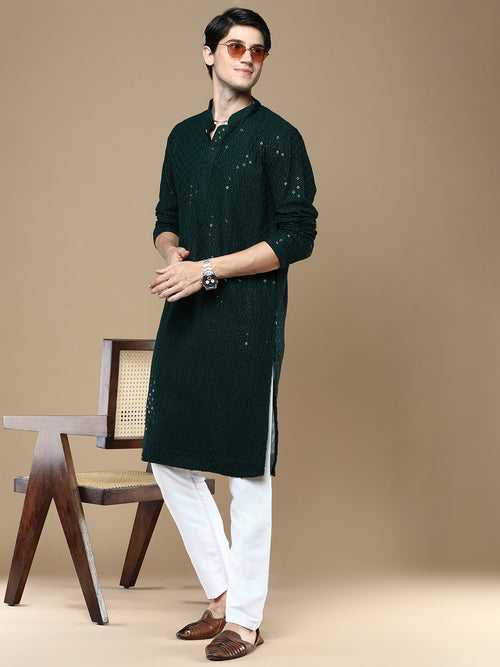 Sanwara Deep Green Shimmering Elegance Men's Chikankari with Sequins Kurta Set