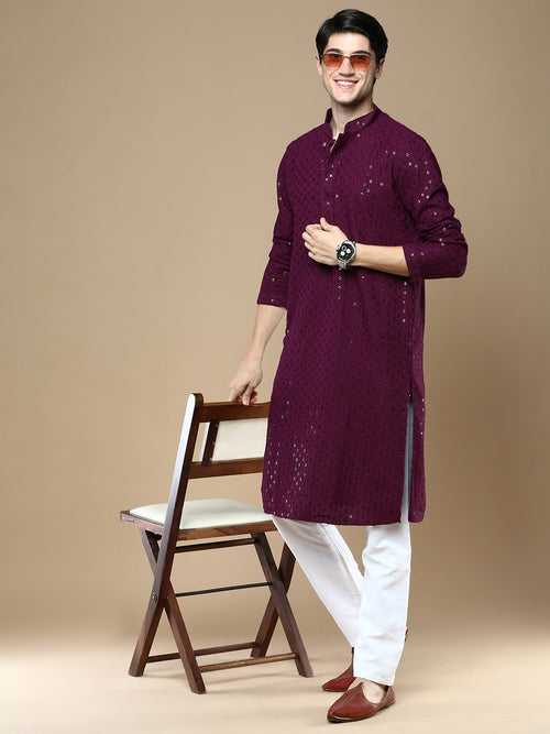 Sanwara Purple Shimmering Elegance Men's Chikankari with Sequins Kurta Set
