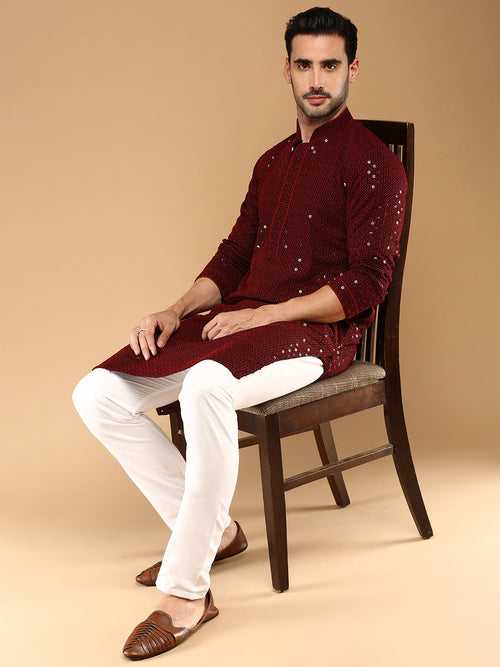 Unleash Your Style With Men's Maroon Cotton Sequins Kurta Set by Sanwara
