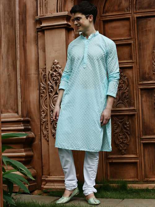 Men's Solid Sea Green Chikankari Designer Cotton Kurta With Pyjamas by Sanwara