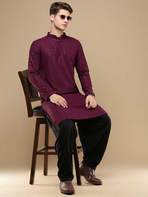Unleash Your Style With Men's Wine Cotton Sequins Kurta Set by Sanwara