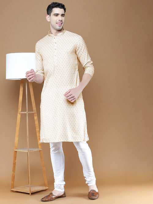 Men's Cotton Beige Printed Cotton Summer Trendy Kurta Set