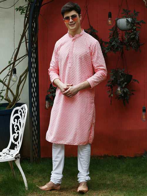 Men's Solid Baby Pink Chikankari Designer Cotton Kurta With Pyjamas by Sanwara