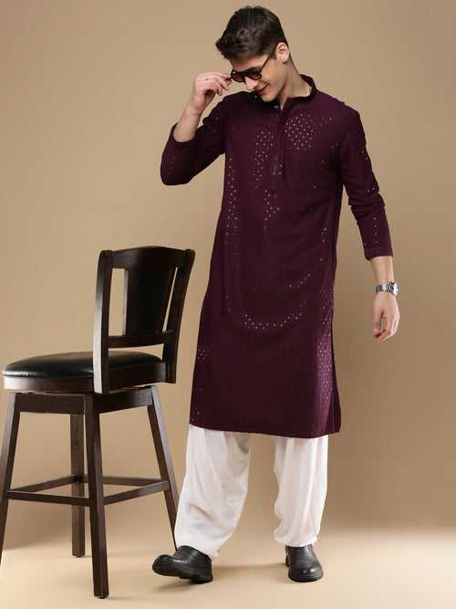 Unleash Your Style With Men's Purple Cotton Sequins Kurta Set by Sanwara