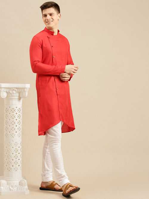 Sanwara Men's Tomato Red Solid Cotton Ethnic Kurta Set