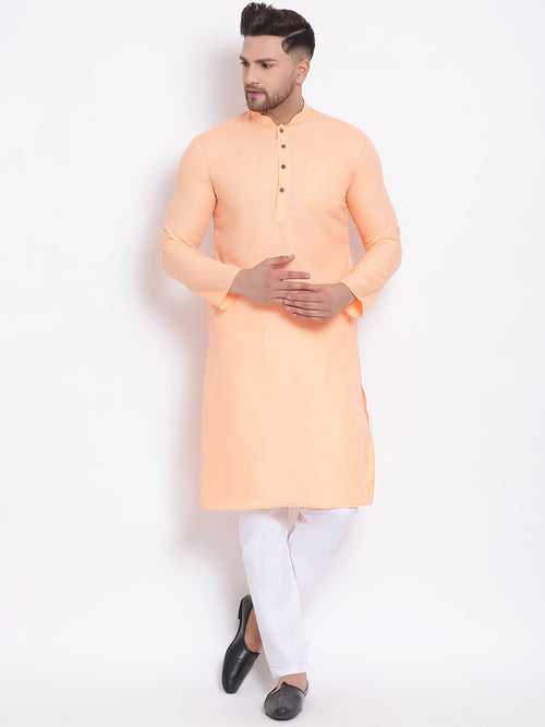 Sanwara Men's Cotton Solid Papaya Colour Straight Kurta With Payjama