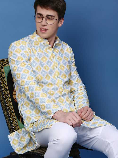 Sanwara Mens Party Wear Sequins Work Chikankari Style Yellow Cotton Kurta With Payjama