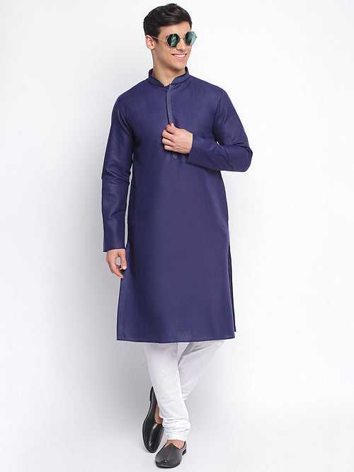 Sanwara Men Deep Blue Solid Pattern Straight Kurta