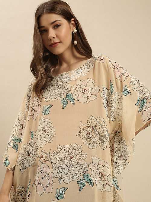 Beige Printed Floral Design Sequins Work Kaftan