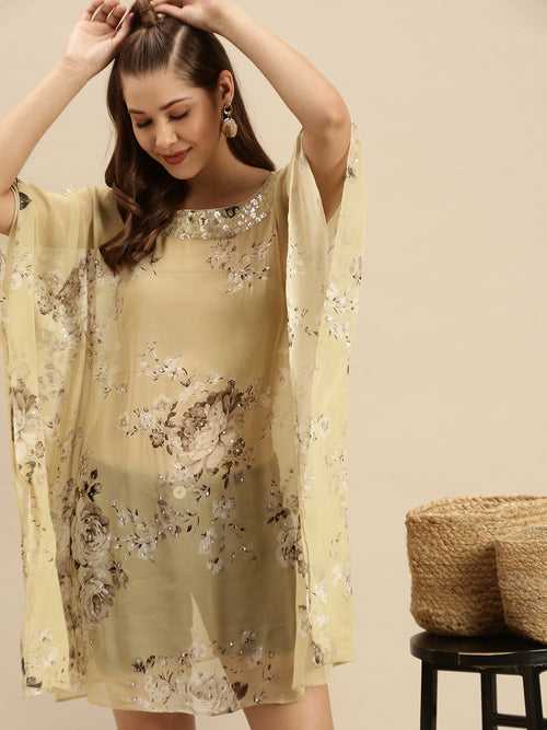 Beige Printed Floral Design Sequins Work Kaftan