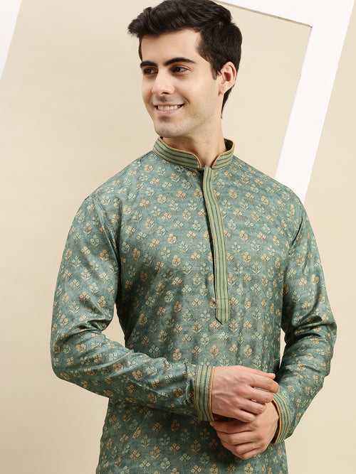 Sanwara Men's Green Woven Long Sleeve Art Silk Elegant Kurta with Pyjama