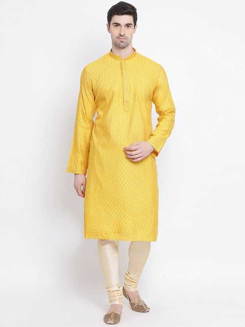 Men's Yellow Jacquard Kurta & Pyjama Set