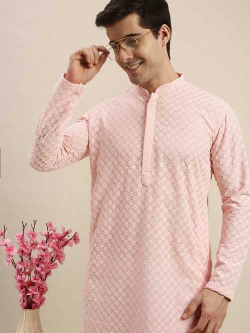 Sanwara Men's Baby Pink Chikankari Long Sleeve Cotton Designer Kurta-D2864
