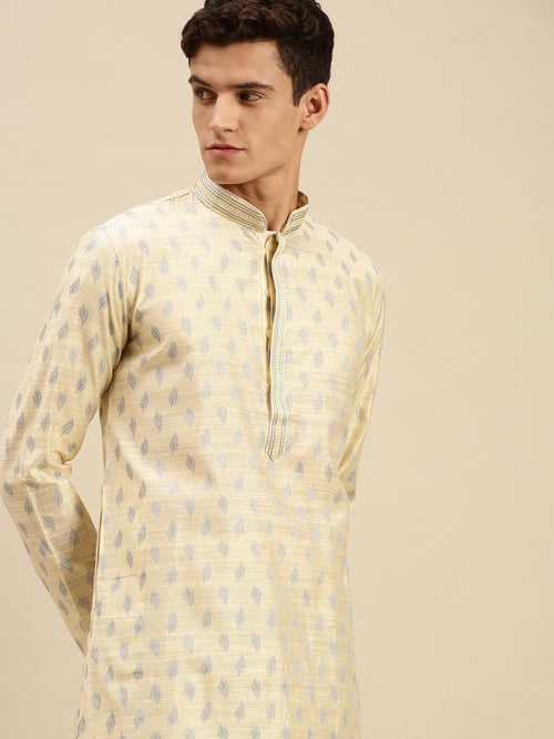 Sanwara Men Light Cream Jacquard Woven Design Kurta