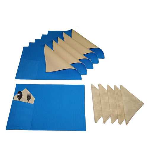 Lushomes table mat and napkins for dining table Set of 12, Fancy Table Mats Online with Pocket and Printed Cloth Napkins, Blue and Beige (6 Pc Placemats,13x19 Inces + 6 Pcs of Napkins, 16x16 Inches)