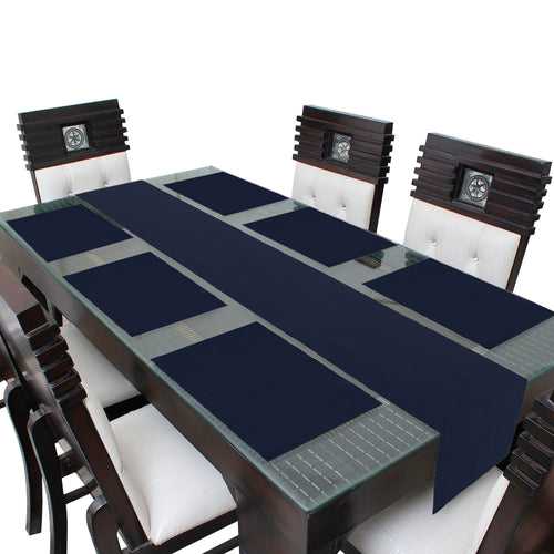 Lushomes Table Mat & Table Runner Set, Dining table mats 6 pieces in Size 13x19 Inches, 1 table runner 6 Seater In Size 13x71 Inches, dining table accessories for home, For dining(Pack of 7, Blue)