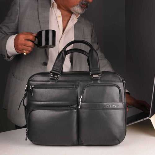 Jacob Leather Laptop Bag | Leather Briefcase For Men | For Office | Colour: Black | Detachable Shoulder Strap | Trolley Strap Included