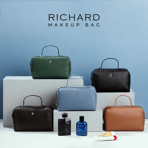 Richard's 100% Genuine Leather Makeup Bag | For organizing Makeup & Cosmetic During Travel | Black, Sky Blue, Brown, Green & Tan