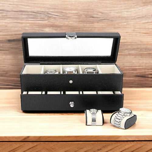 Bronx II Leather Watch Box / Case | 100% Genuine Leather | Can Hold 10 Watches | Acrylic Glass Top | Ostrich Black