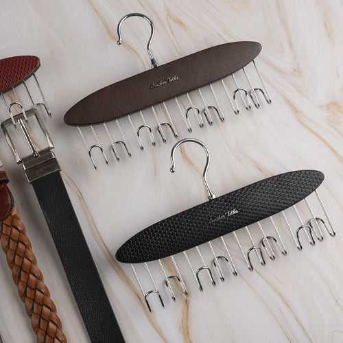 Leather Wooden Belt Hanger | 8 Hooks & 360° Swivel |  Color :  Brick Black & Cherry