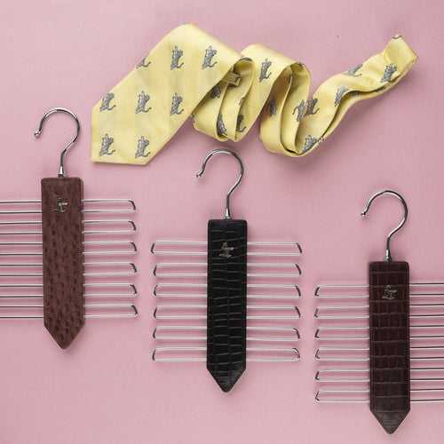 Leather Wooden Tie Hanger | 100% Genuine Leather | Color: Black, Brown, Green & Cherry